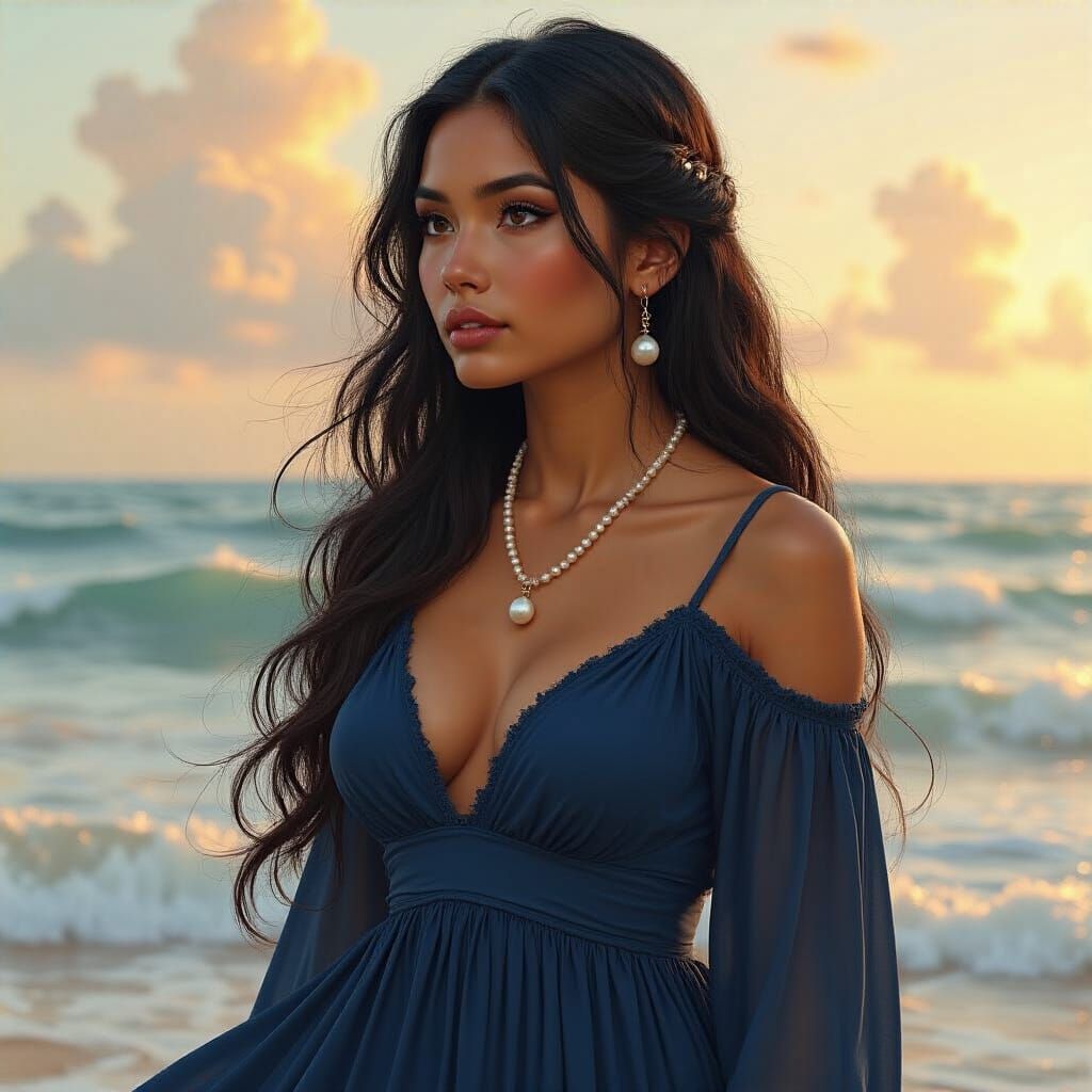 Native American Woman at Ocean's Edge, Digital Art