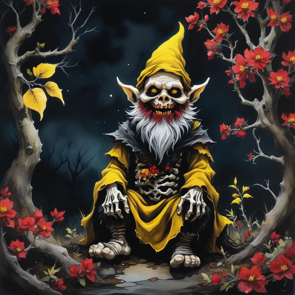 Dark Fantasy Gnome Under Red Flowering Bush