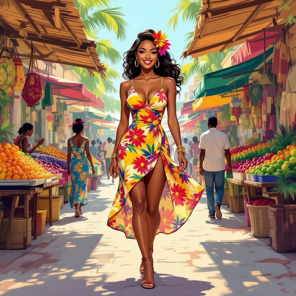 Pinup Woman in Luanda Market With Tropical Flowers