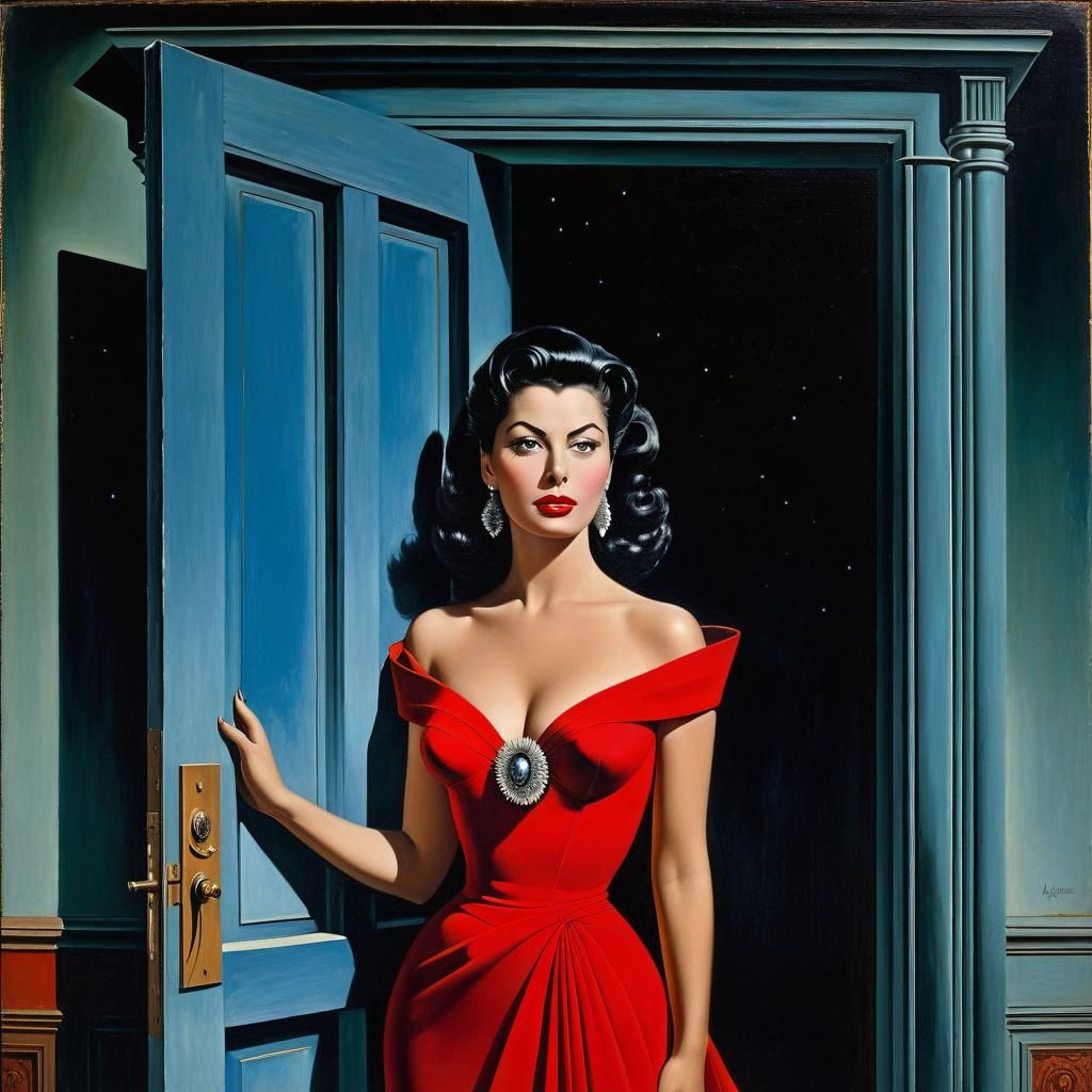 Elegant Woman in Red Gown: Surrealist Oil Painting