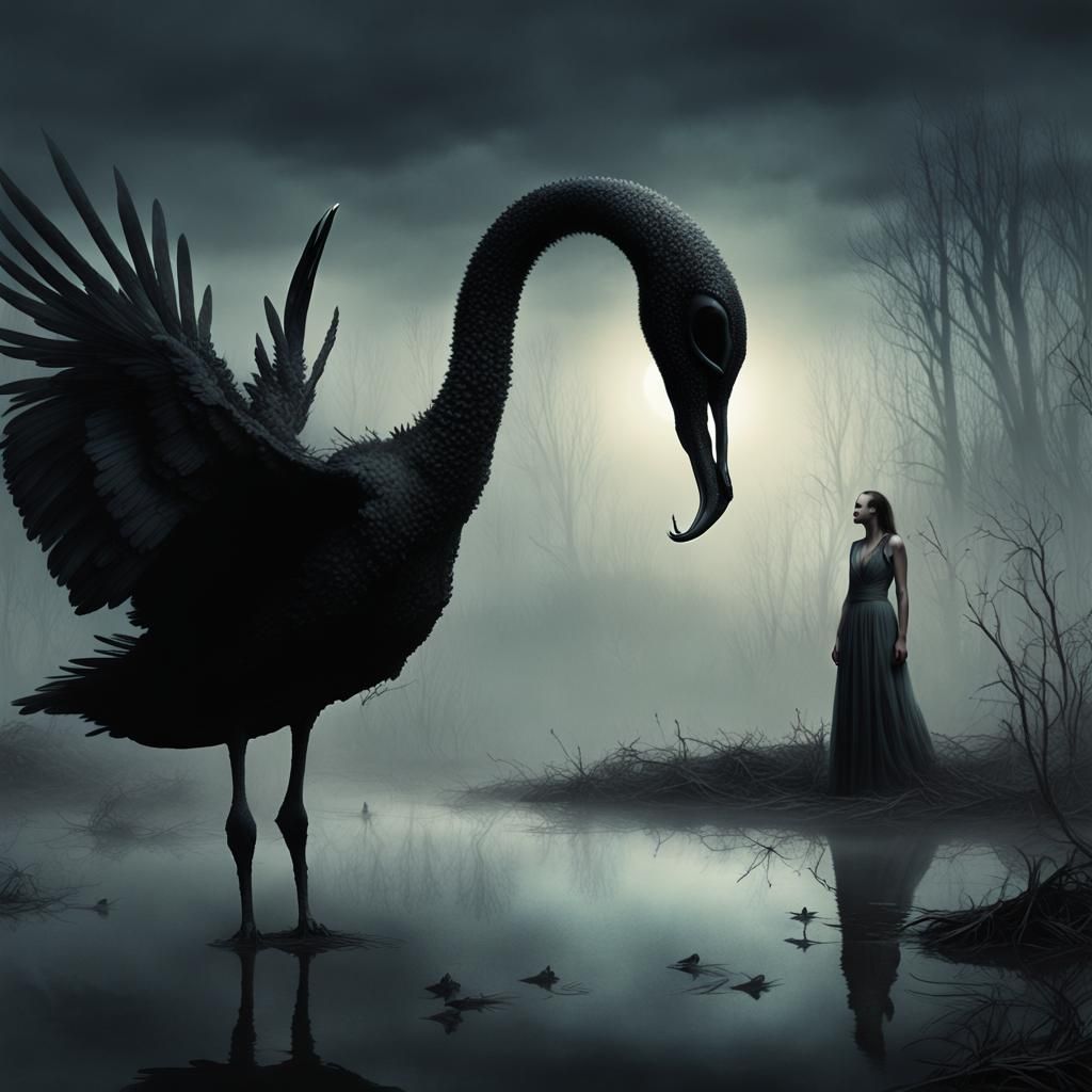 Eerie Black Swan Skull Over Misty Swamp