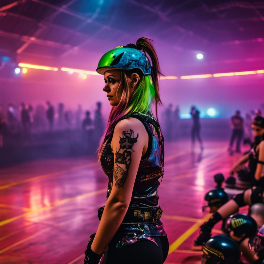 Roller Derby Action Scene in Neon Lit Arena