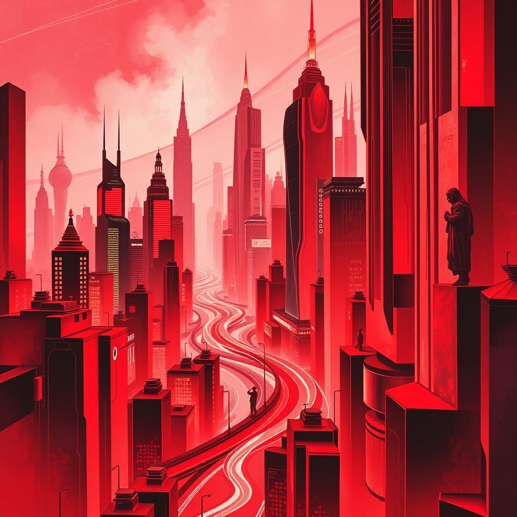 Red Futuristic Cityscape in Cubist Art Deco Style