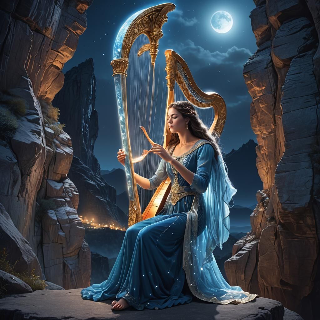 Magical Harpist on Ancient Cliff, Digital Art