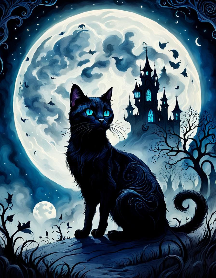 Black Cat Walking on the Moon: Dark Fairytale Illustration