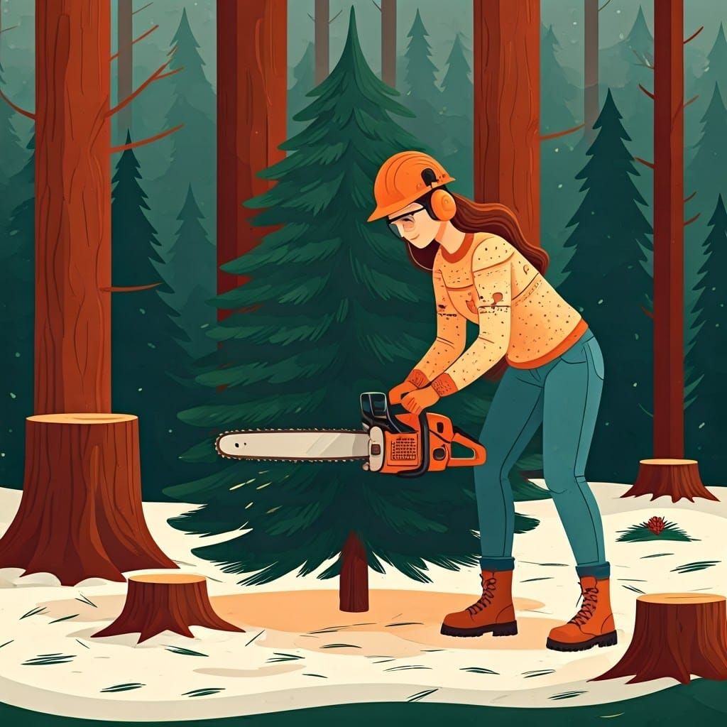 Woman Cutting Christmas Tree in Folk Art Style