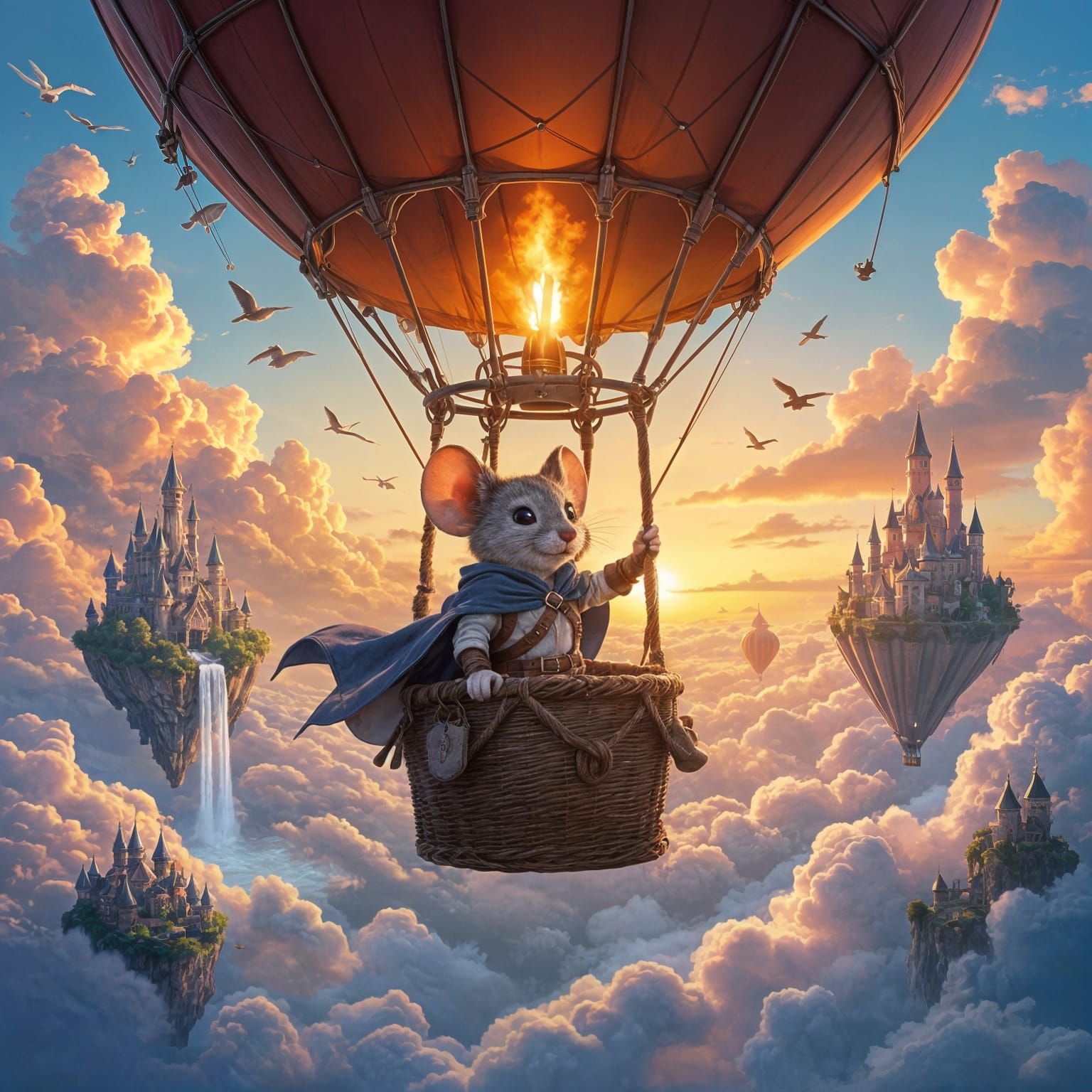 Mouse Adventurer in Hot Air Balloon Above Fantasy Clouds