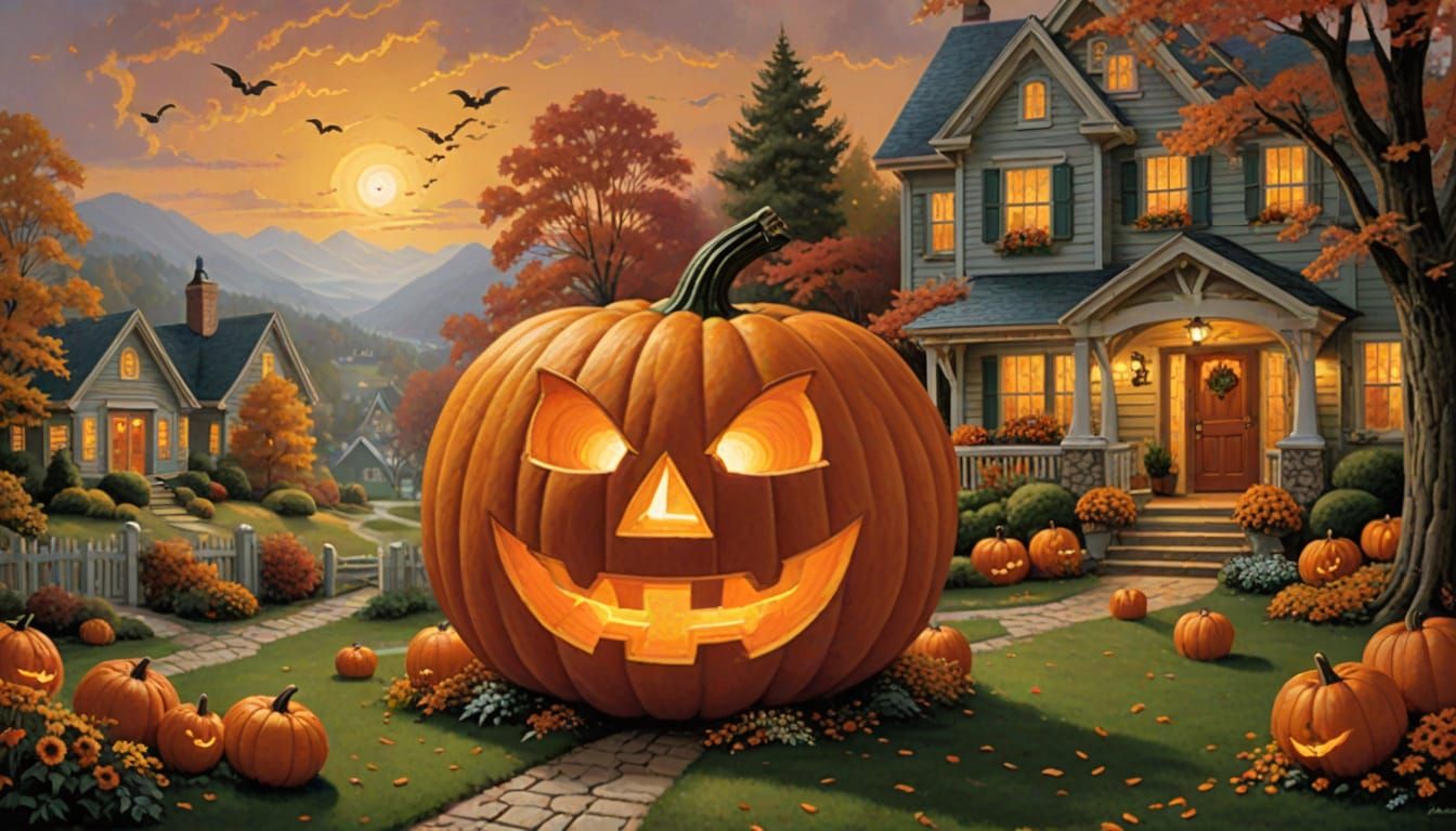 Giant Jack-O-Lantern Illuminated by Warm Light