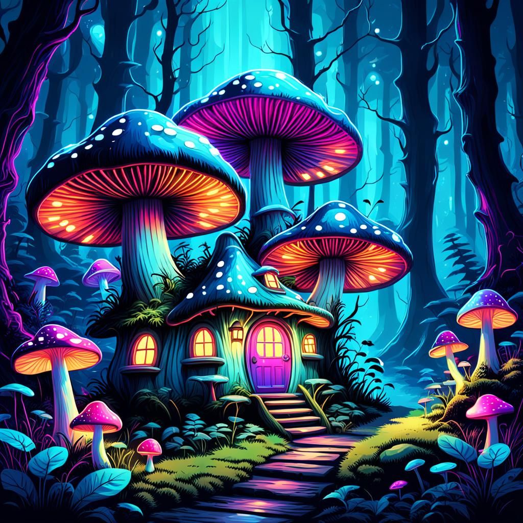 A fairy mushroom house in an enchanted bioluminescent forest