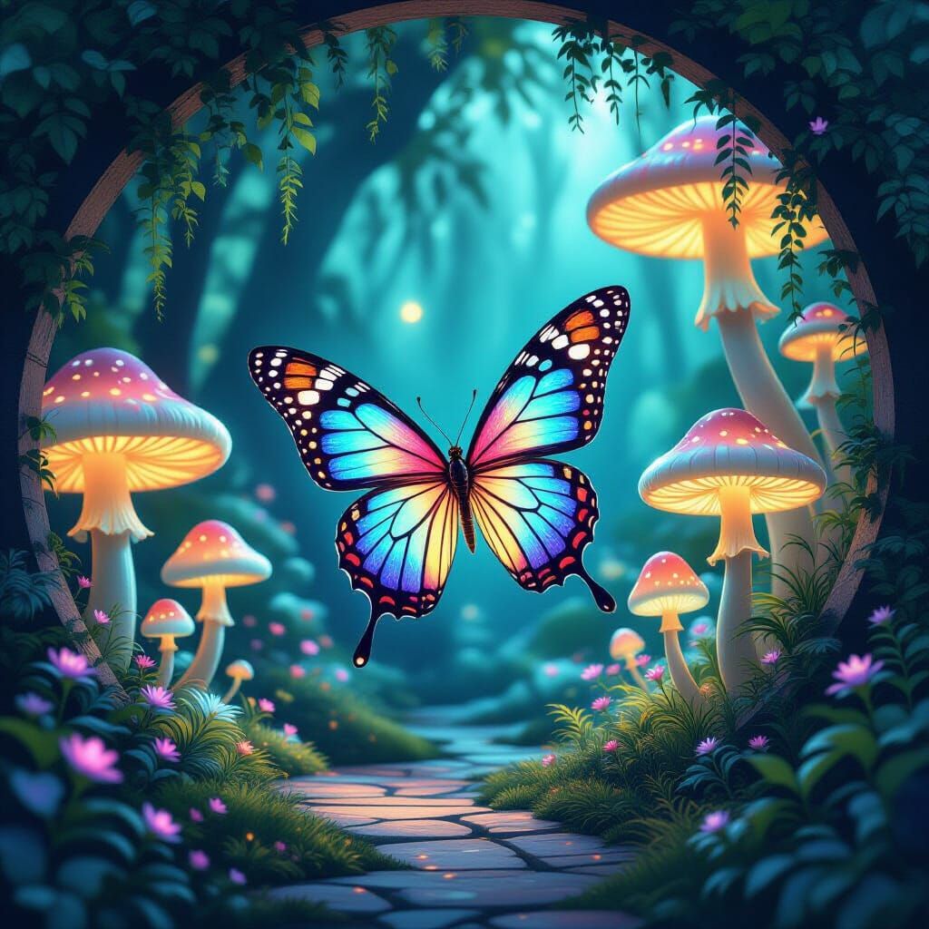 Bioluminescent Butterfly in Luminous Mushroom Grotto, Art No...