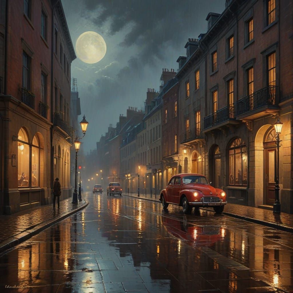 Impressionistic Rainy Night on Cobblestone Street