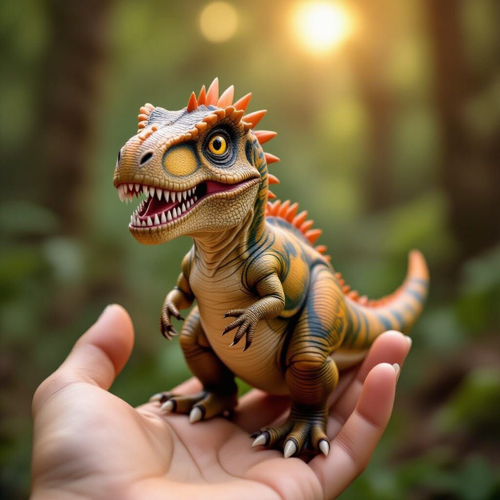 Baby T-Rex on a Finger, Hyperrealistic Textures