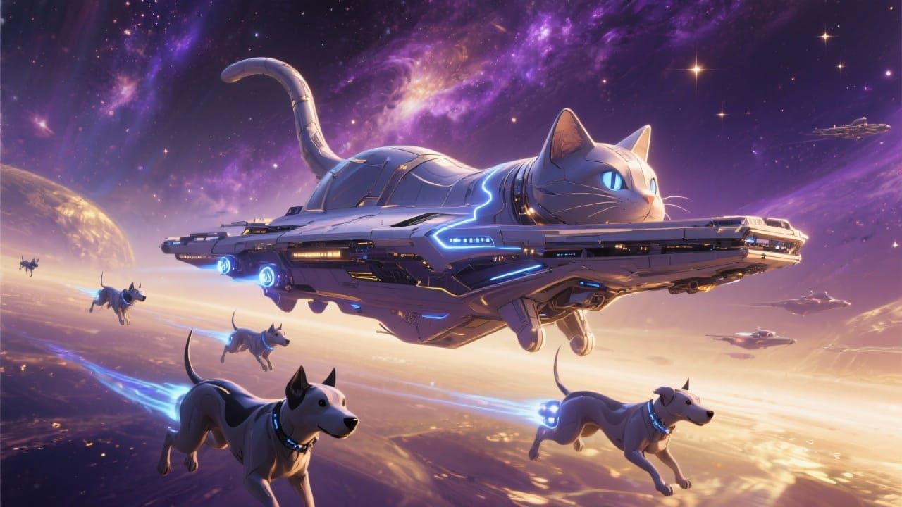 Giant Cat Spaceship Leads Dog Ships in Nebula