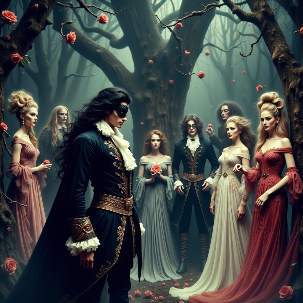 Masquerade Ball in Bioluminescent Grove, Art Nouveau Style