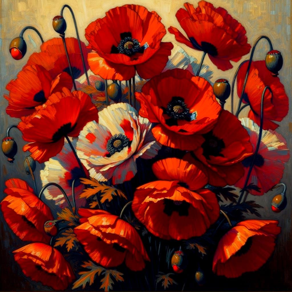 Vibrant Red Poppies in Bloom, American Modernist Style