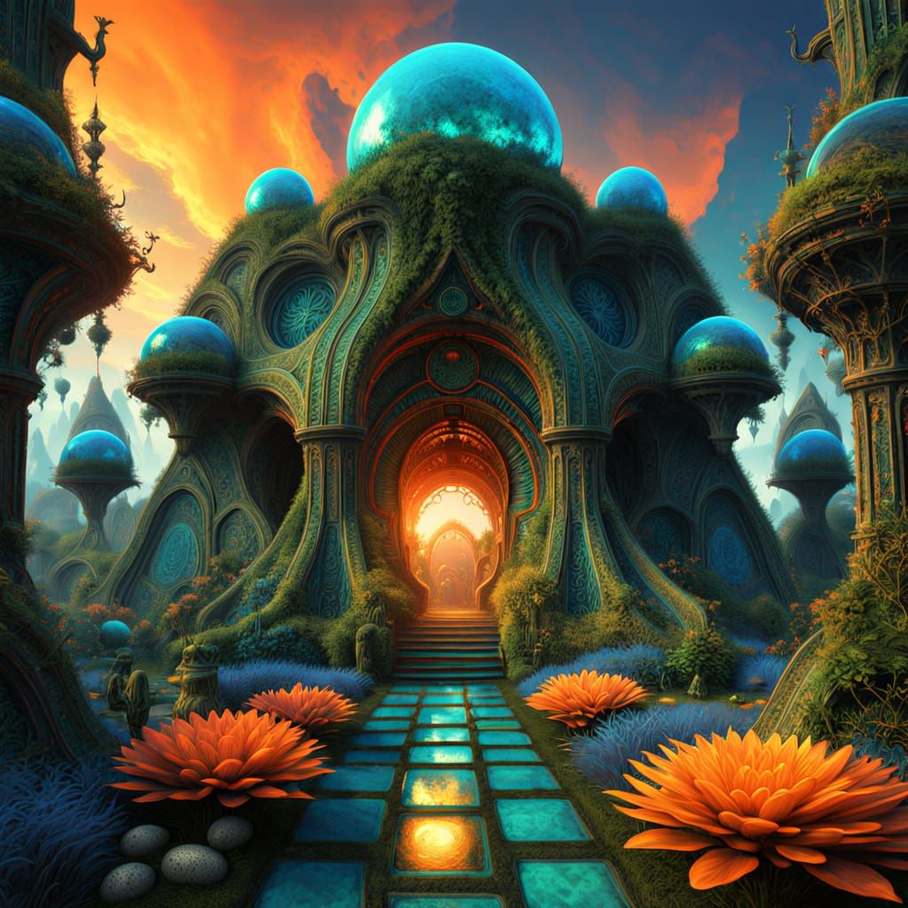 Exquisite Sunrise Garden with Gothic Archways and Mirror Glo...