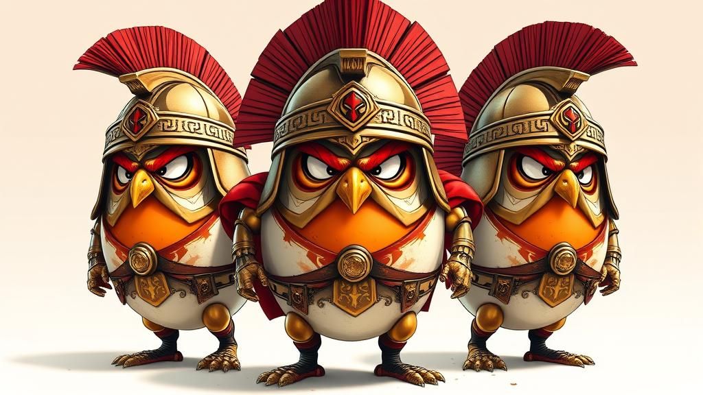 a few angry eggs as  warriors in roman centurion dresses