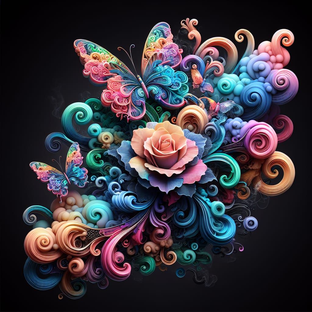 Smoke Swirl Butterflies and Rose in 3D