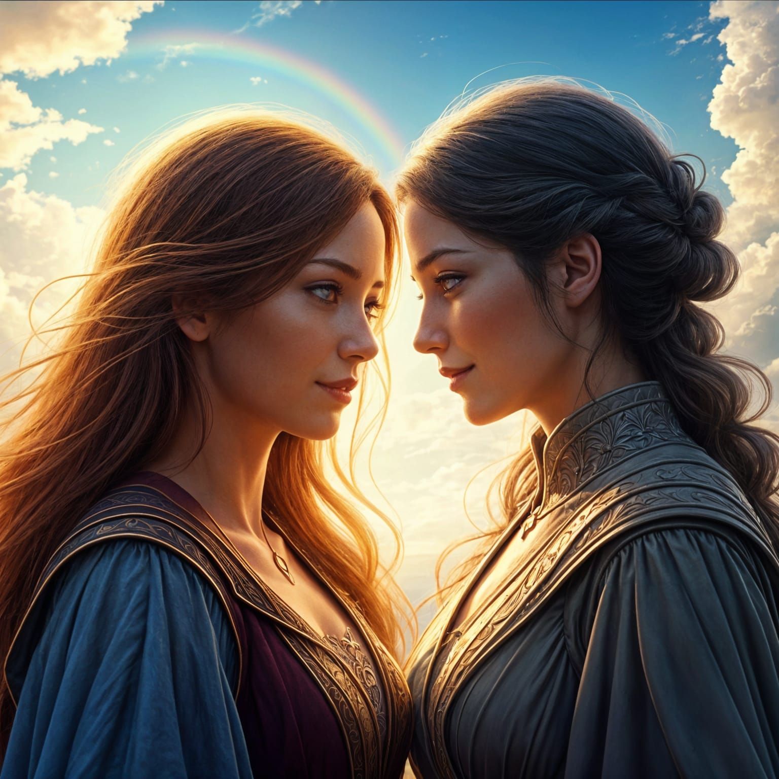 Two Women in Love Under a Rainbow, Digital Art