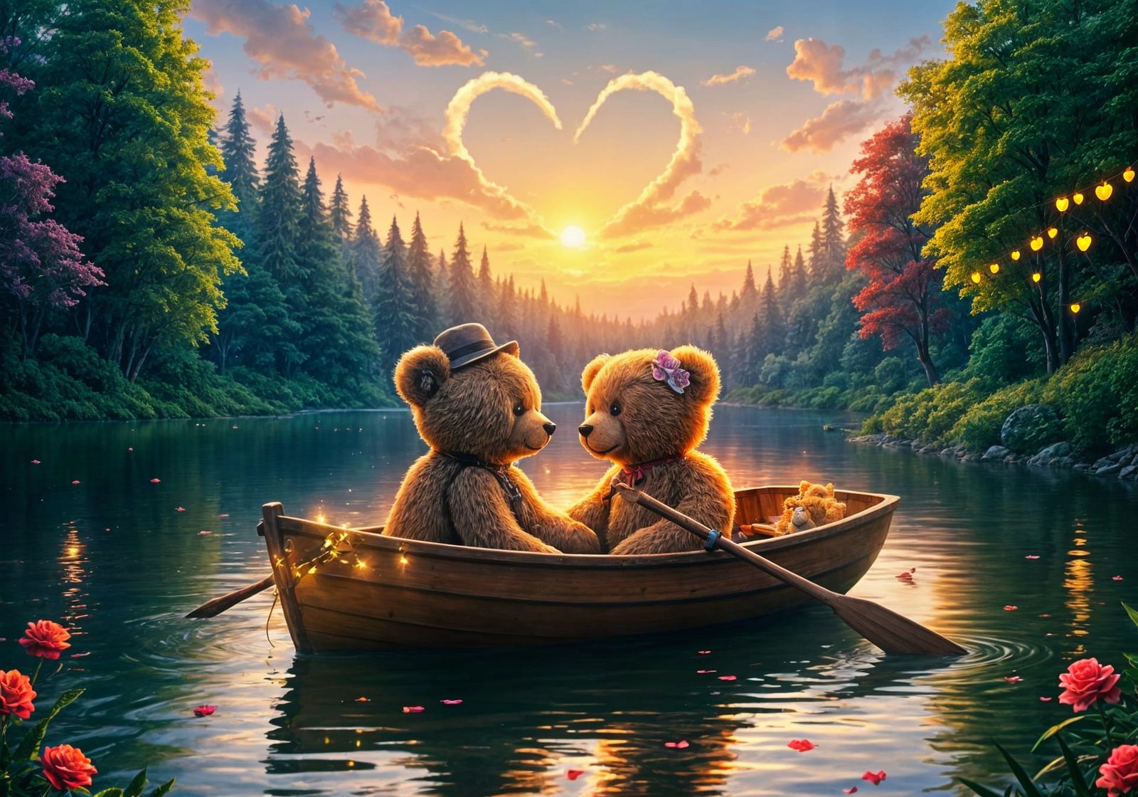 Hyperrealistic Teddy Bears' Romantic Sunset Boat Ride