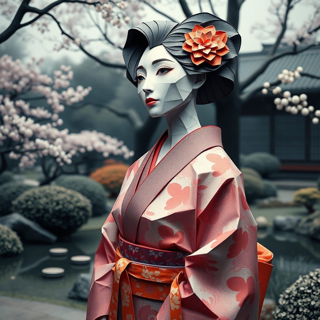 Origami Woman in Japanese Garden, Realistic Style