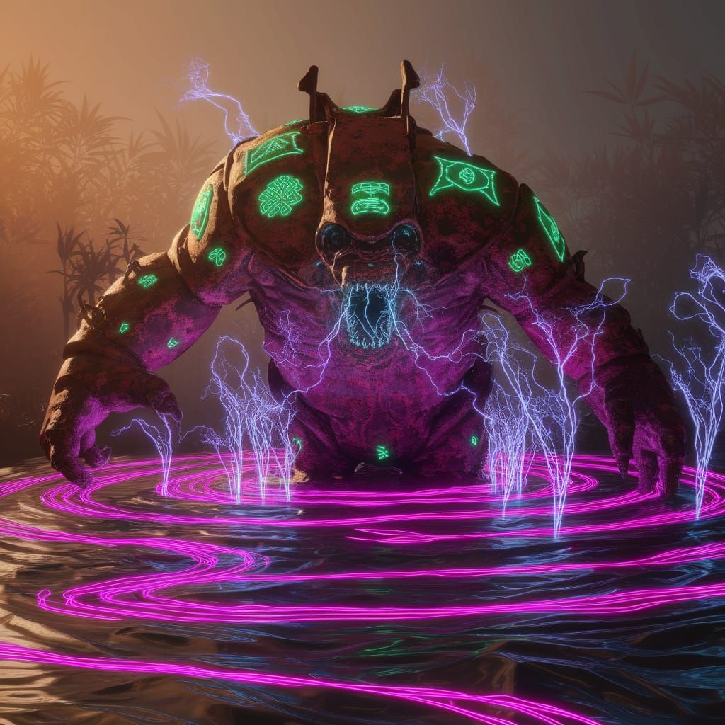 Colossal Creature Emerges from Neon Swamp in Concept Art
