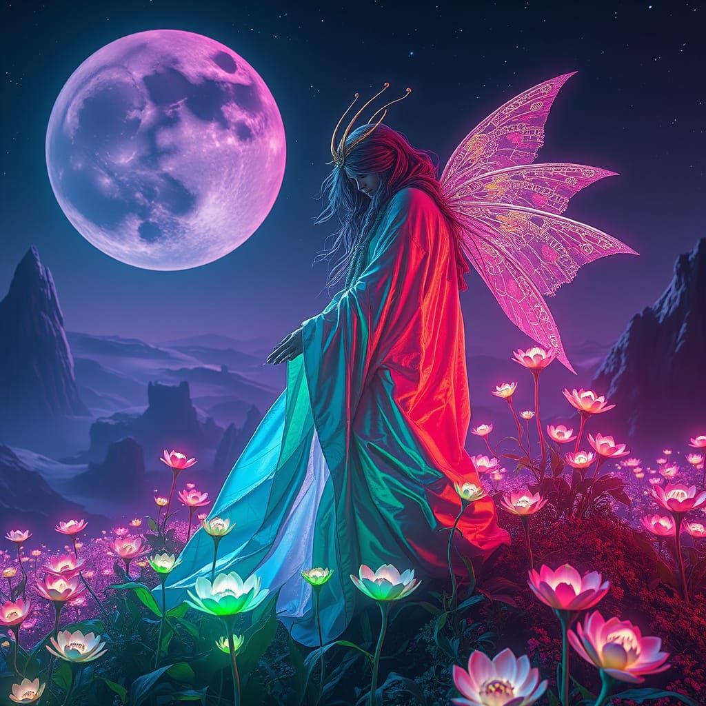 Celestial Gardener Tending Bioluminescent Moon Garden
