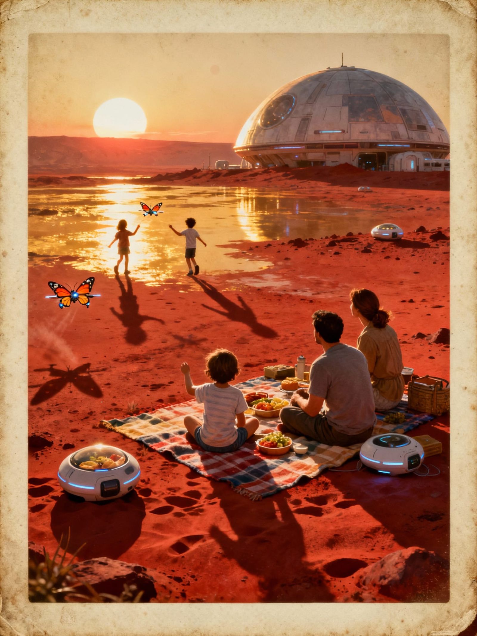 Family Picnic on Mars: A Nostalgic Polaroid View