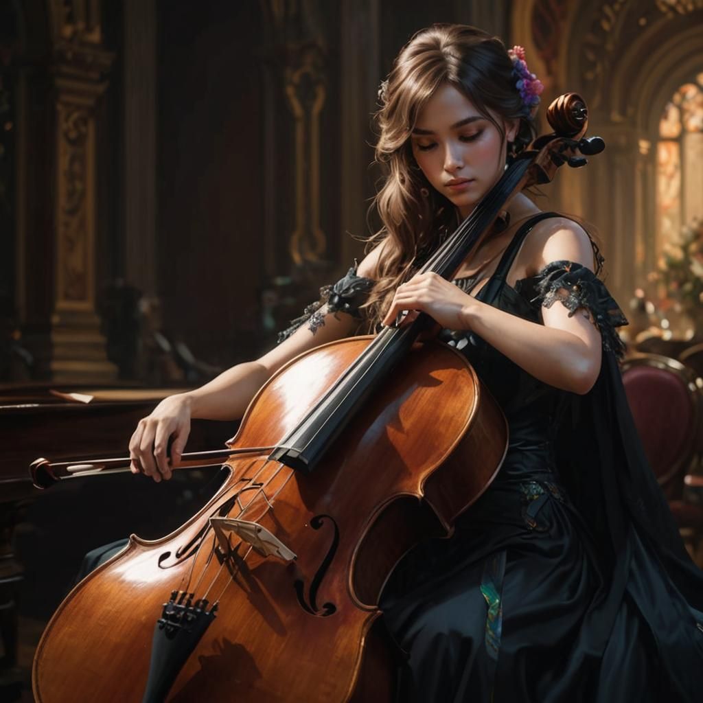 Cellist in Ballgown: Hyperdetailed Art Nouveau Portrait