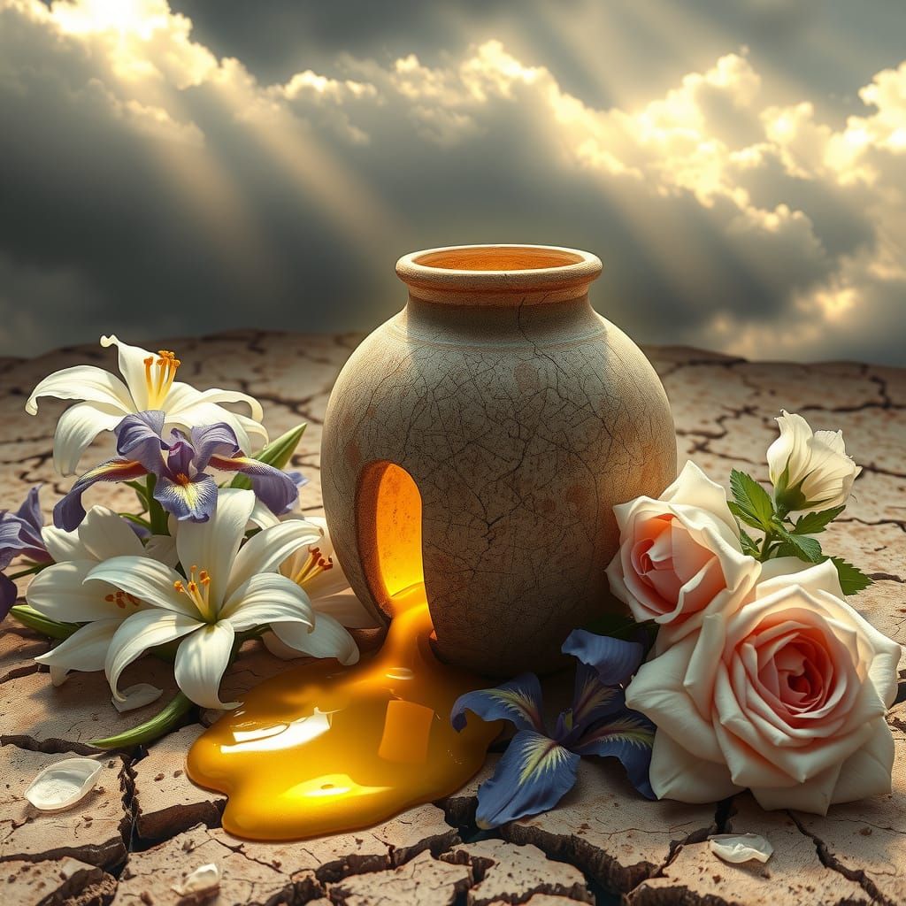 Golden Oil Spills onto Cracked Earth, Surrounded by Delicate...