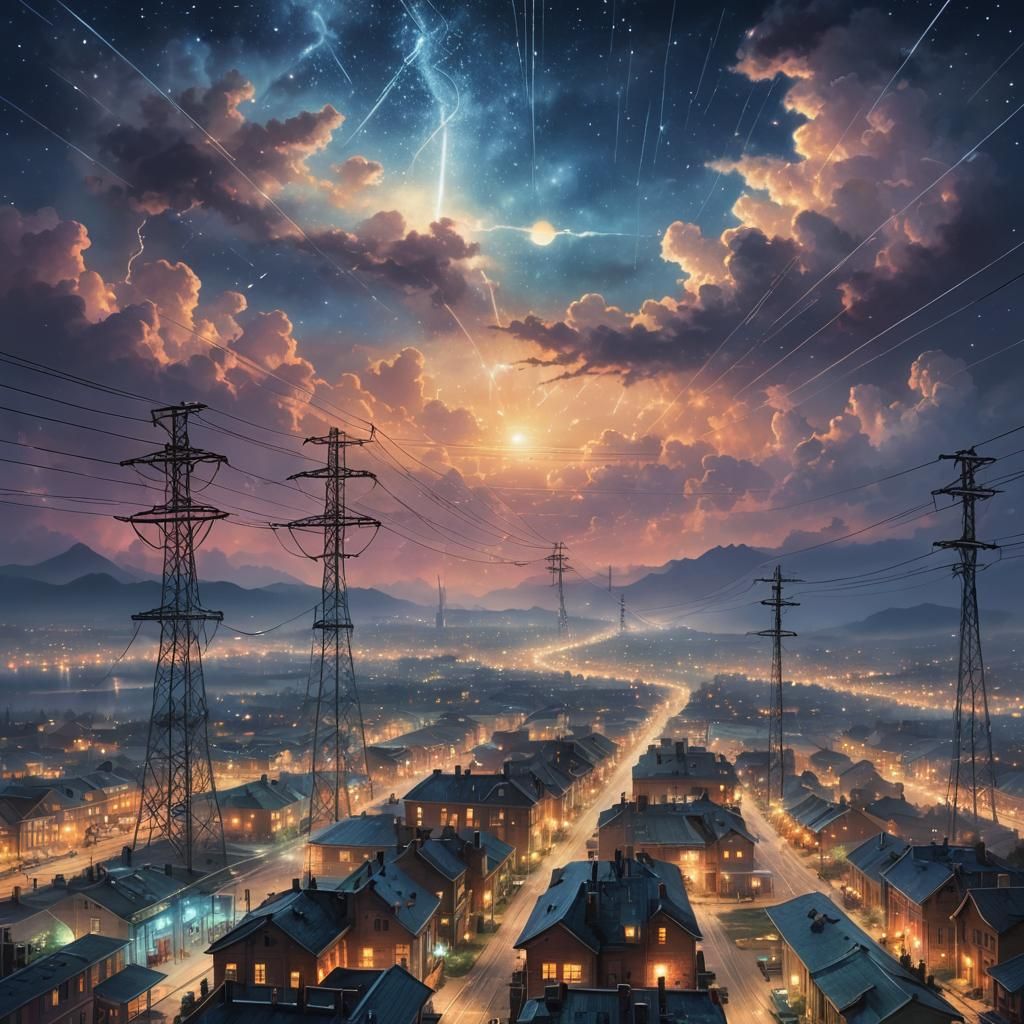 Power Grid at Night: A Romantic Realism Landscape