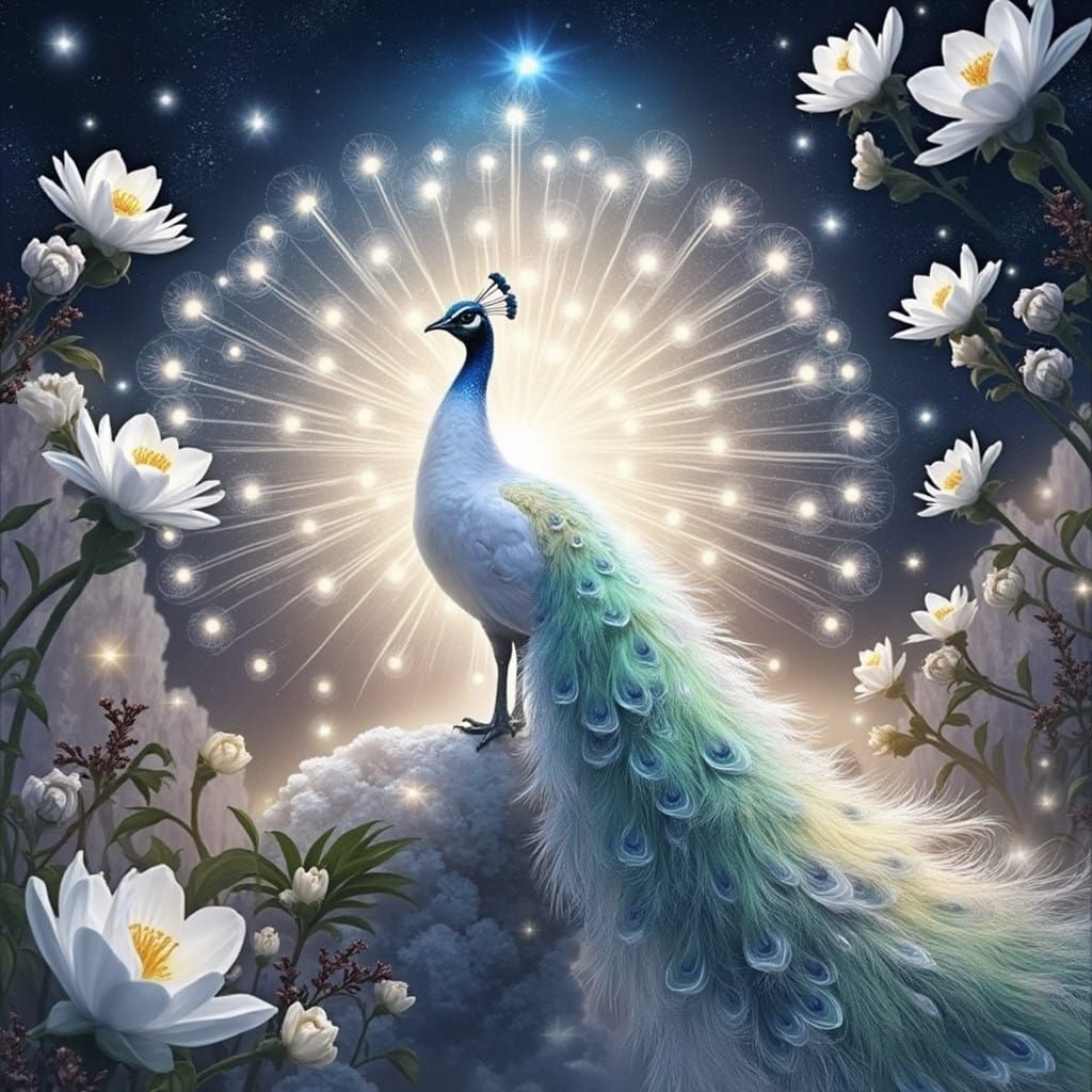Ethereal Crystal Albino Peacock in Iridescent White and Silv...