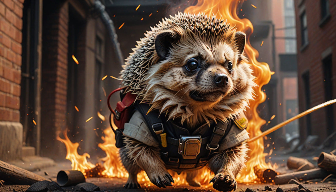 A hedgepug is jumping holding a fire hose and tries to save ...