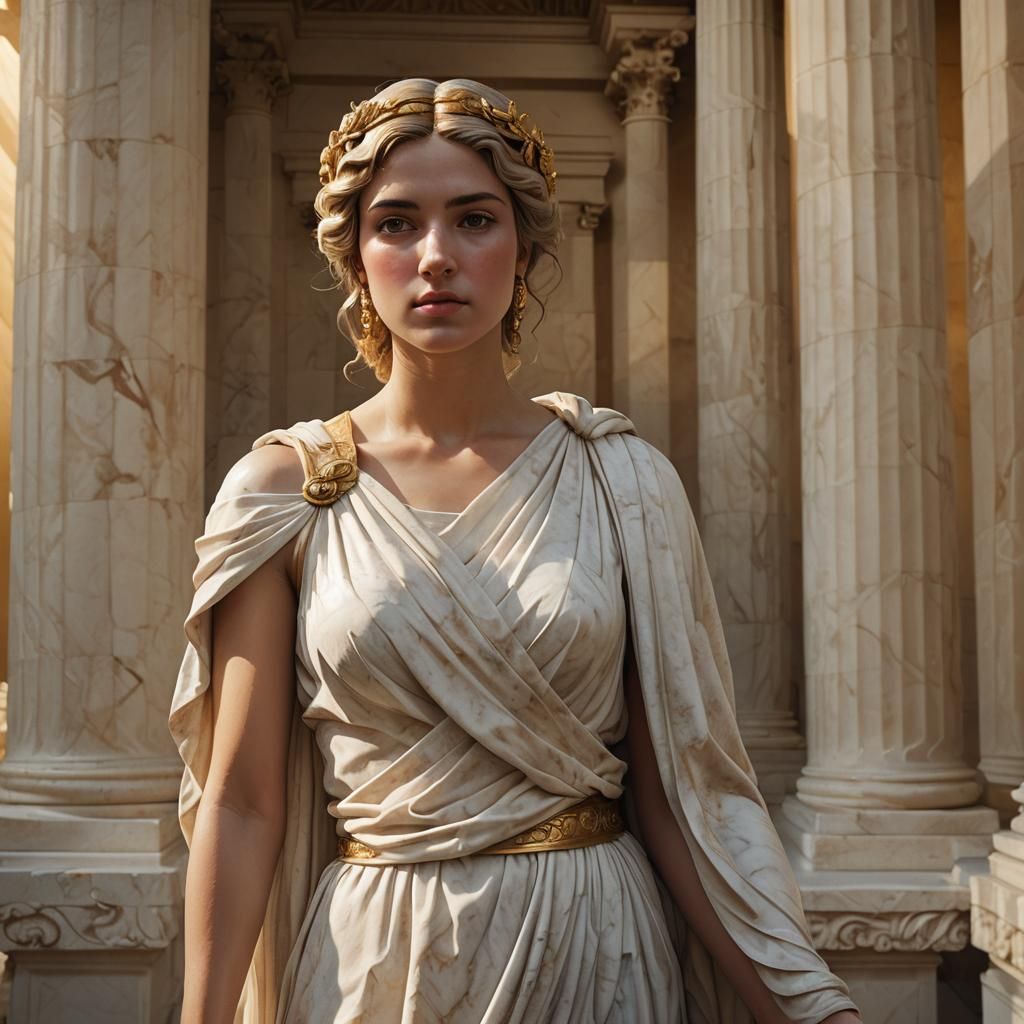 Marble Woman in Greek Temple, Neoclassical Style
