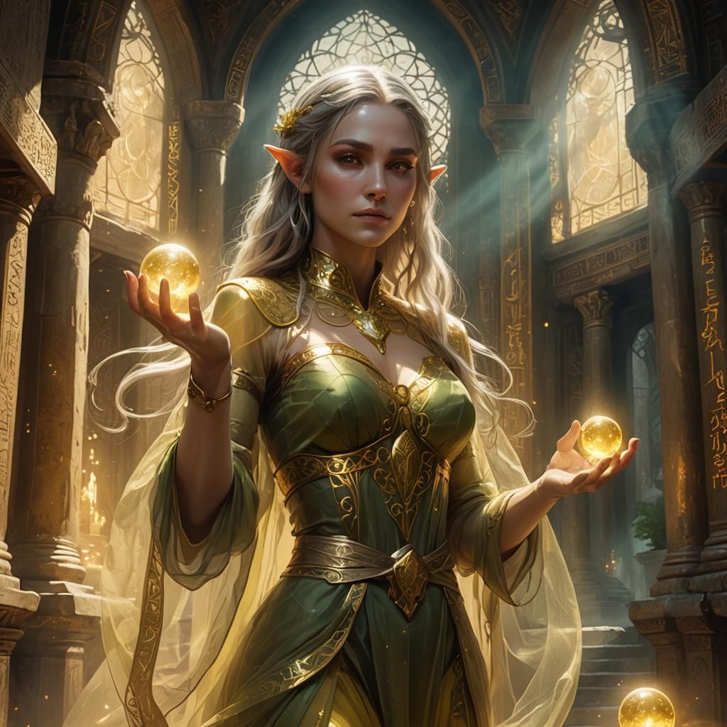 Elf in Temple Conjuring Magic Orbs: 3D Render