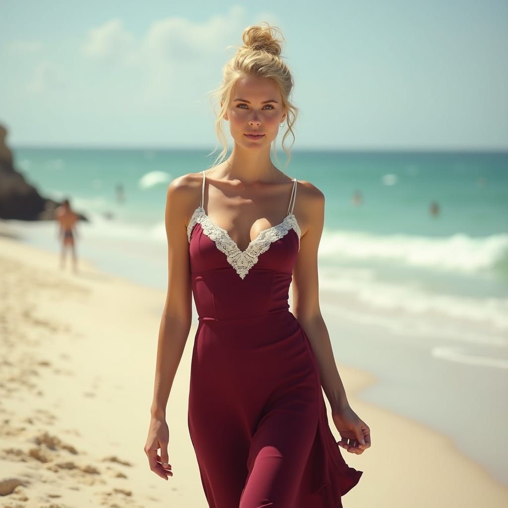 Woman in Bordeaux Dress on Sunlit Beach