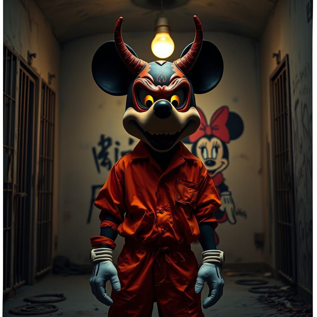 Mickey Mouse in Abandoned Jail, Oni Mask, Graffiti Minnie