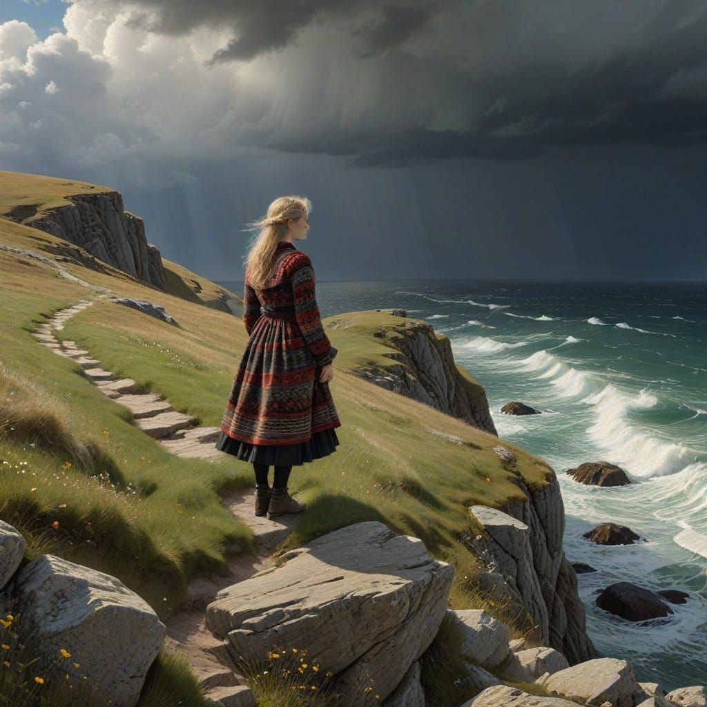 Girl on Cliffs Overlooking the Stormy Sea in Evening Light