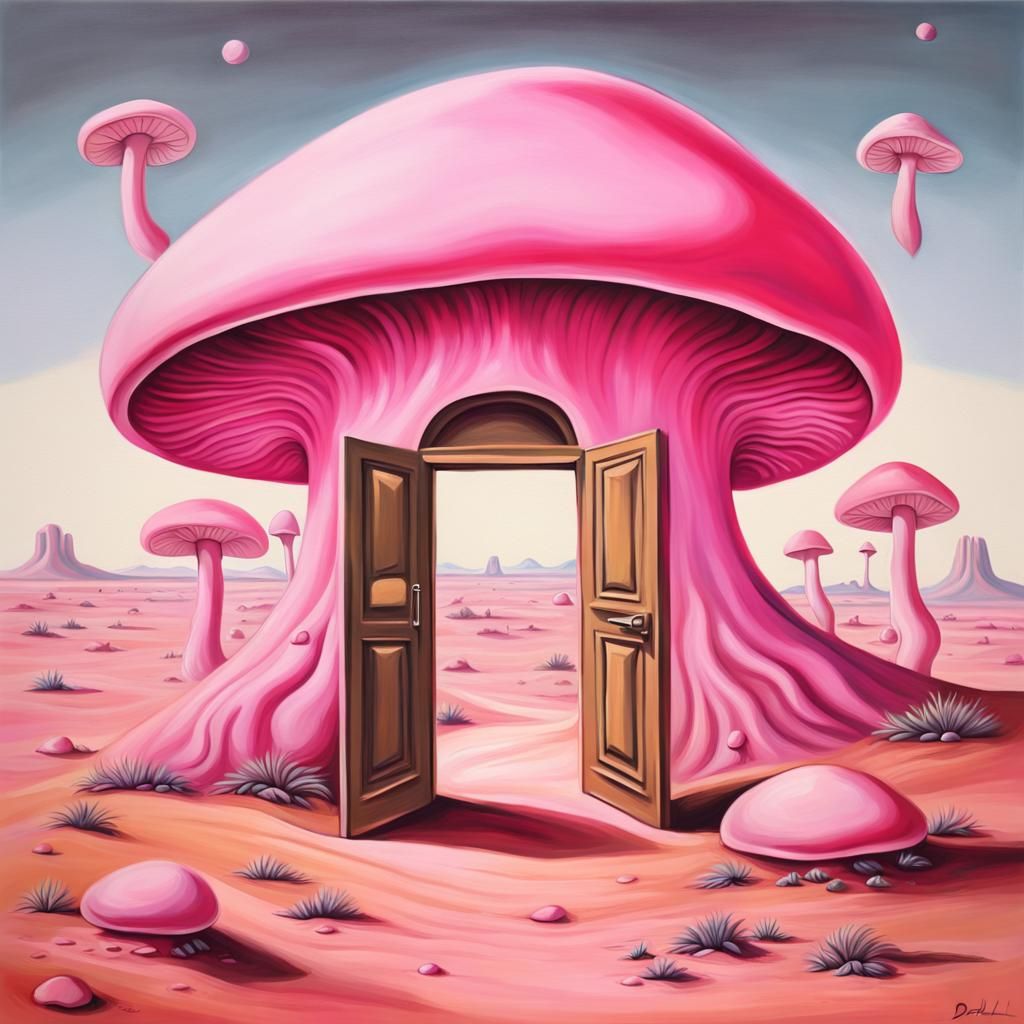 Cosmic Pastel Pink Mushrooms in Surreal Landscape