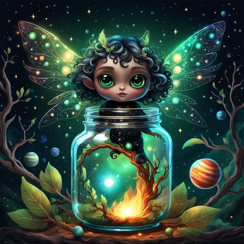 Cosmic Fairy with Planets, Holographic Astral Illustration
