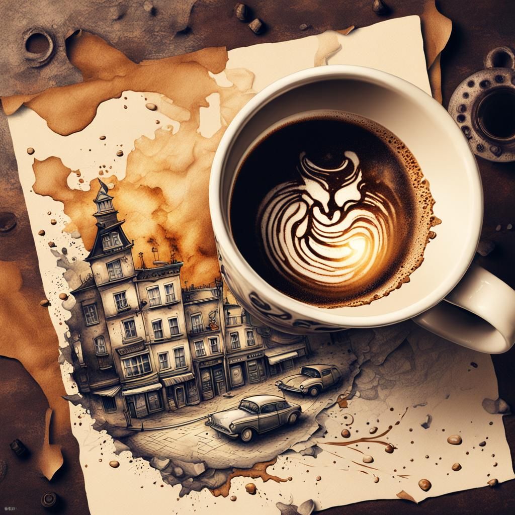 Steampunk Latte Art in Ink Painting Style