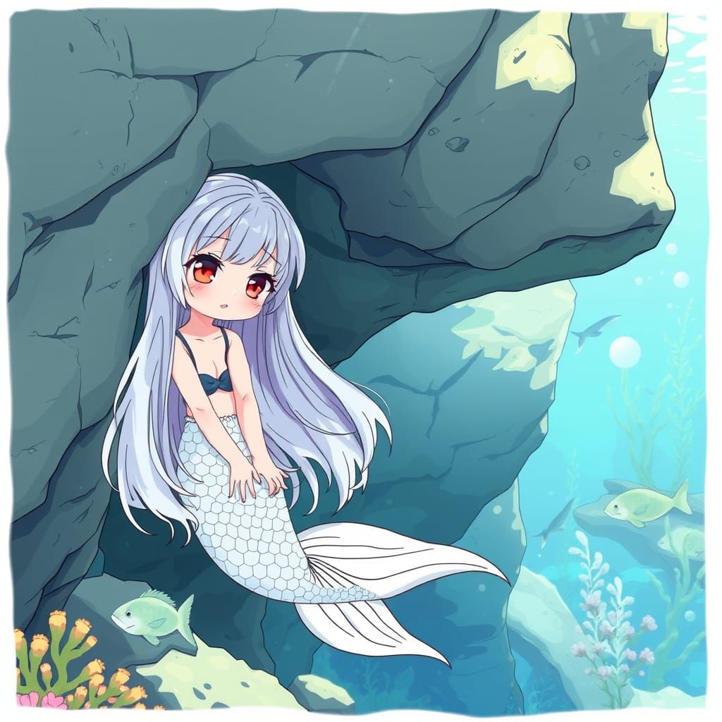 Anime Mermaid in Aquarium Hiding Under Rock