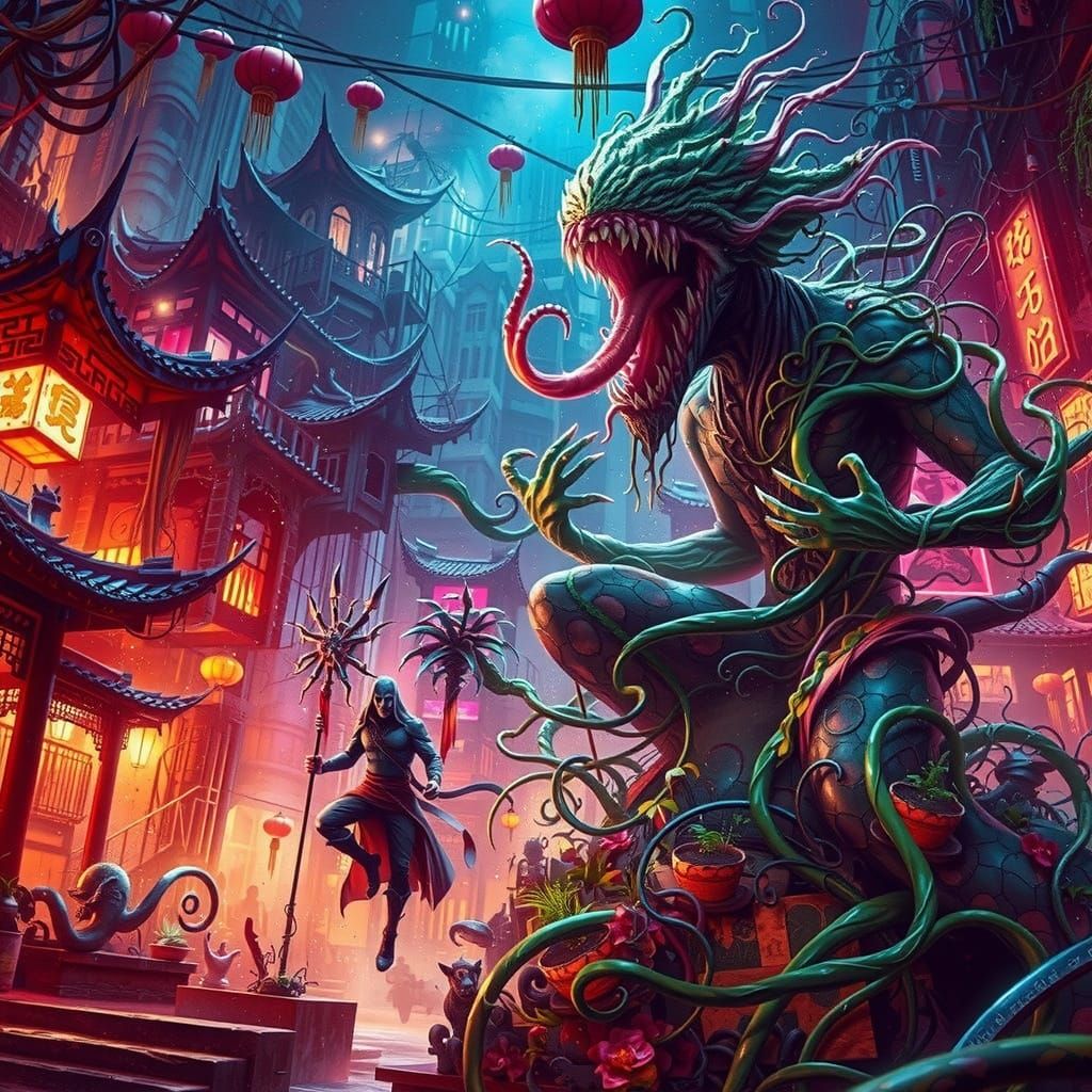 Bizarre Audrey II & Lo Pan Fusion in Neon Chinatown