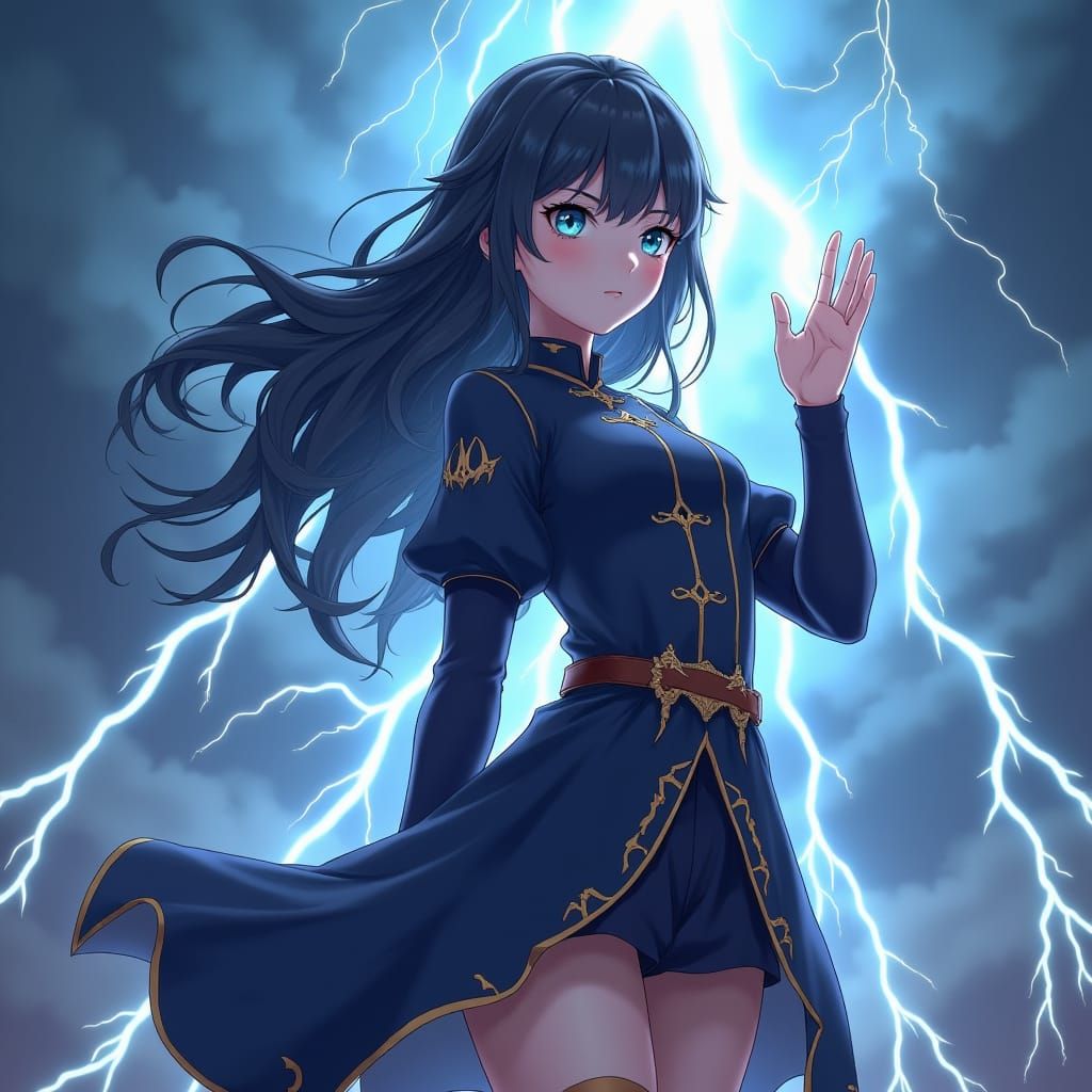 Anime Girl Channels Power in Stormy Sky