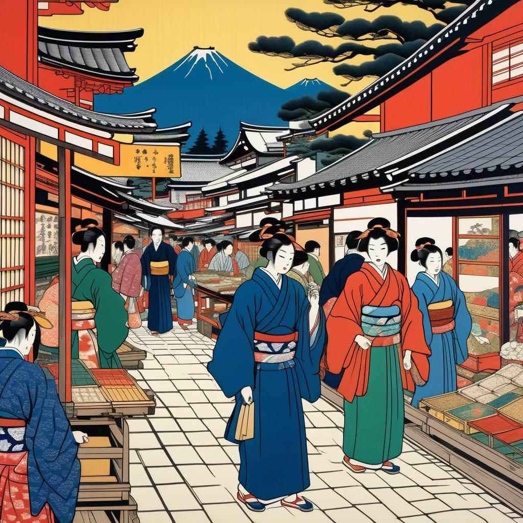 Traditional Japanese Market Scene in Vibrant Ukiyo-e Style