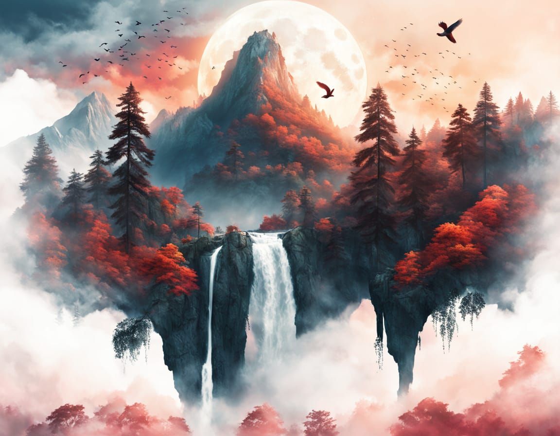 Majestic Waterfall Mountain Scene Under Ethereal Red Moonlit...