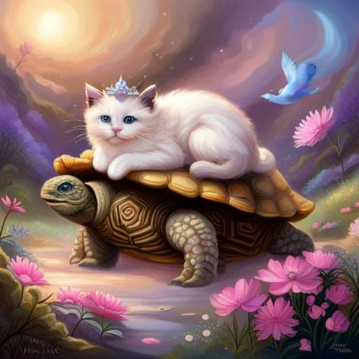 Kitten in Crown Riding Tortoise: Ethereal Fantasy