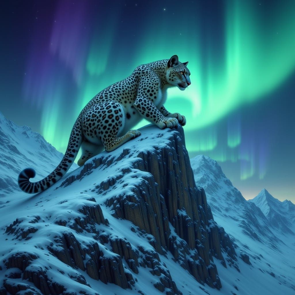 Snow Leopard Under Aurora Borealis Digital Painting