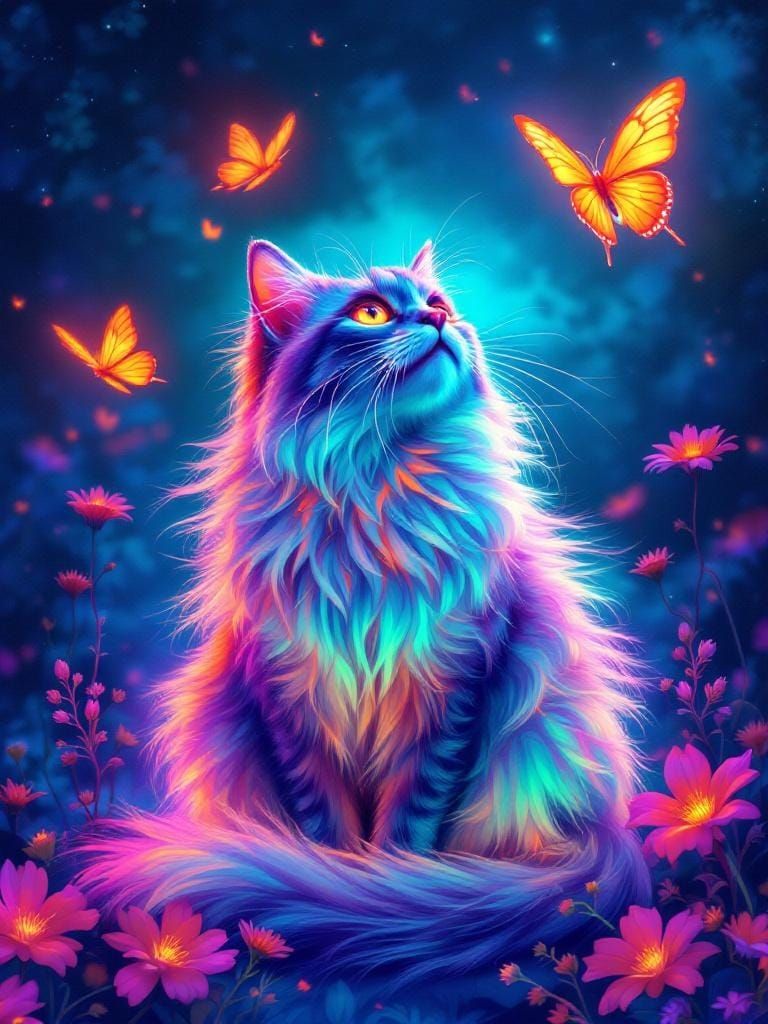 Neon Cat with Butterfly in Digital Oil Painting