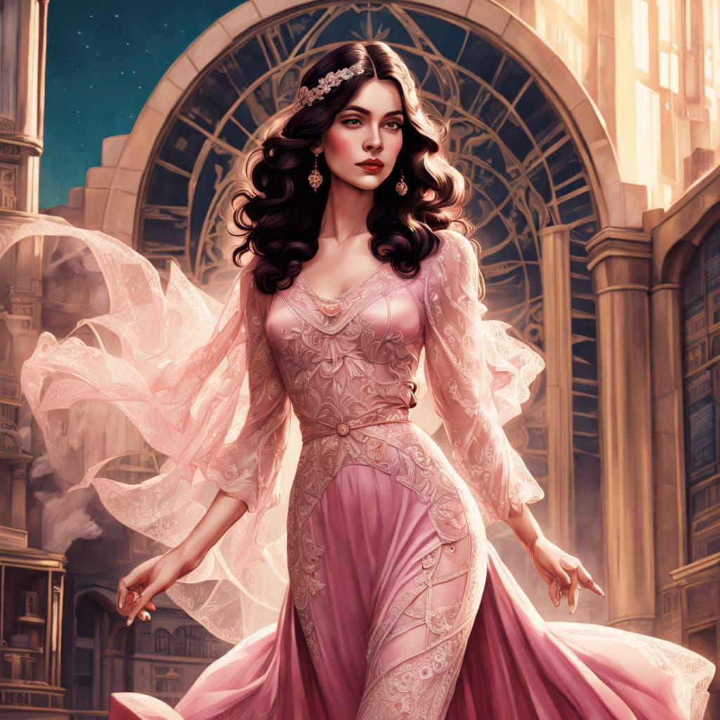Elegant Art Deco Woman in Lacy Pink Dress